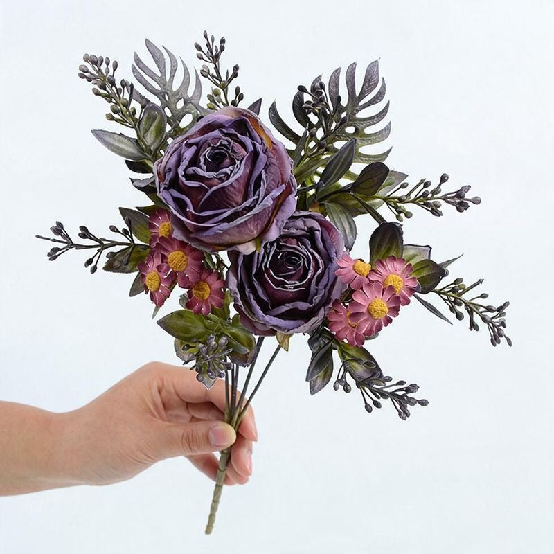 Künstliche Rosen & Gänseblümchen Busch, 32 cm hoch, 12 Blüten, für Hochzeitsdekoration und Innenraum