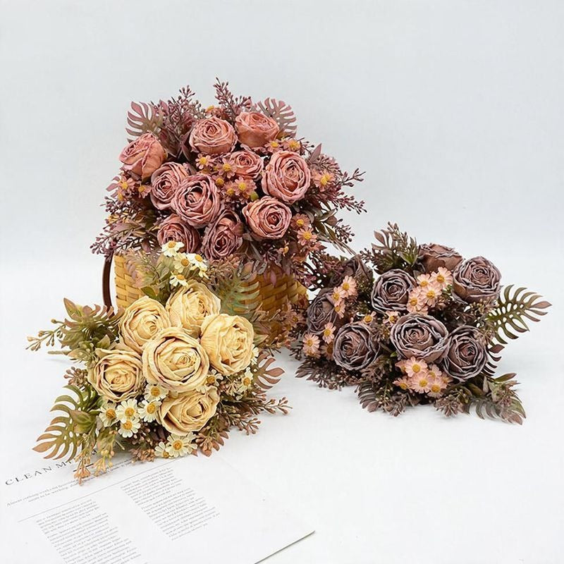 Künstliche Rosen & Gänseblümchen Busch, 32 cm hoch, 12 Blüten, für Hochzeitsdekoration und Innenraum