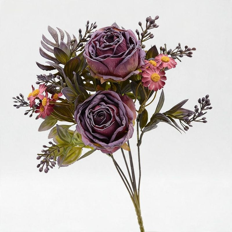 Künstliche Rosen & Gänseblümchen Busch, 32 cm hoch, 12 Blüten, für Hochzeitsdekoration und Innenraum