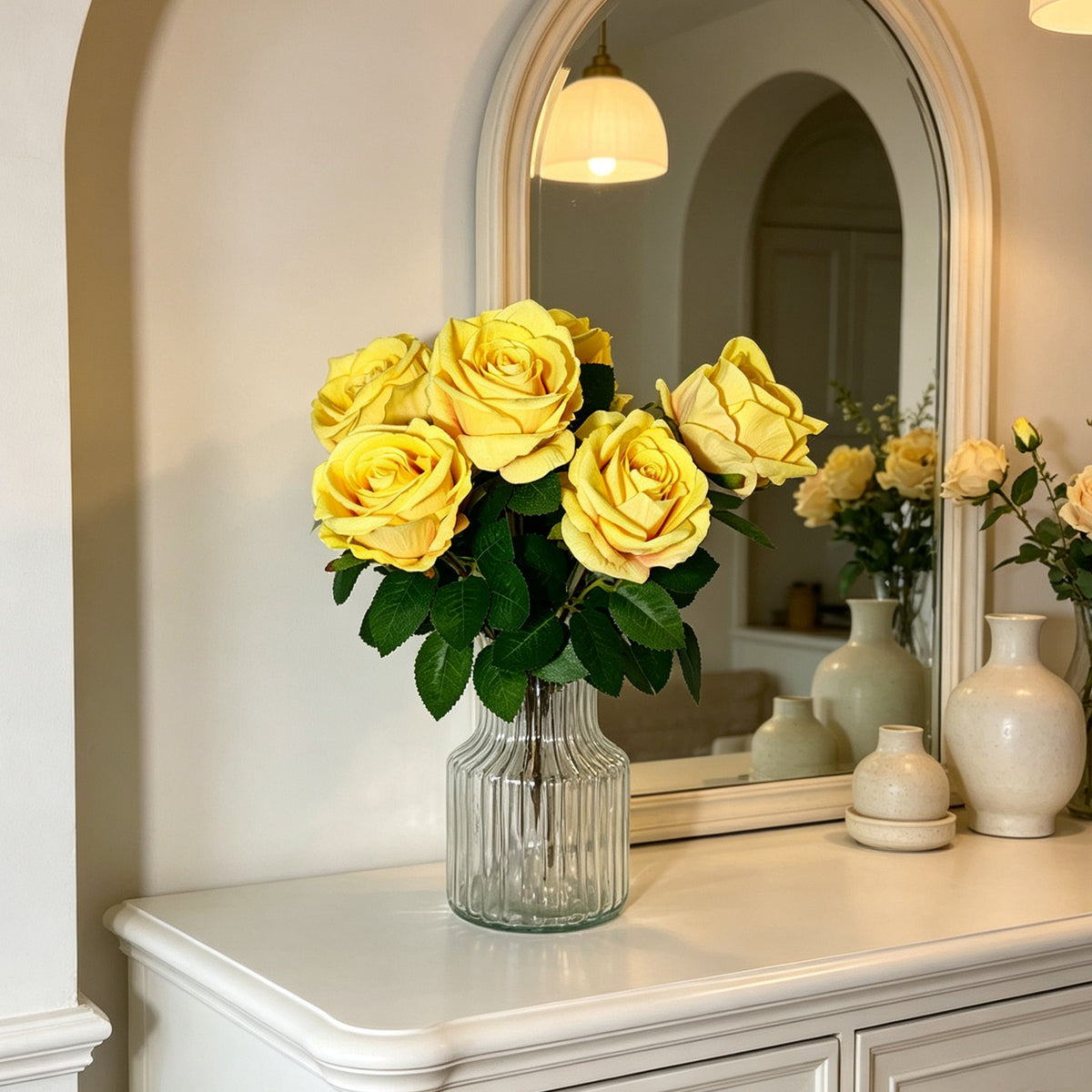Künstliche Rose Busch mit 6 Blüten, 40 cm Höhe, seidenartiger Stoff, für Hochzeiten und Innendekoration