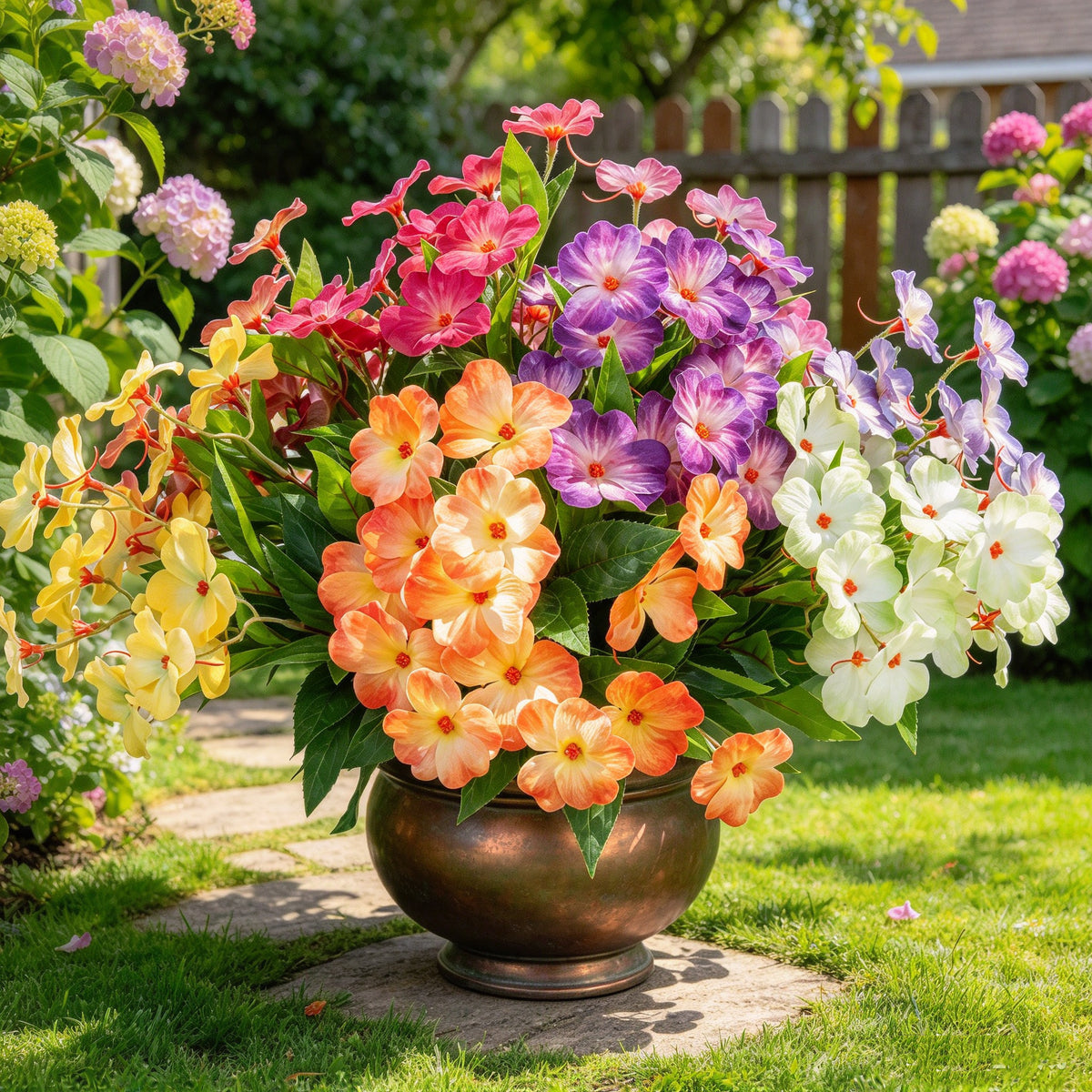 Künstliche Balsamine Blumenstrauß, 40 cm, 14 Blüten, UV-beständig, Innen- und Außenbereich