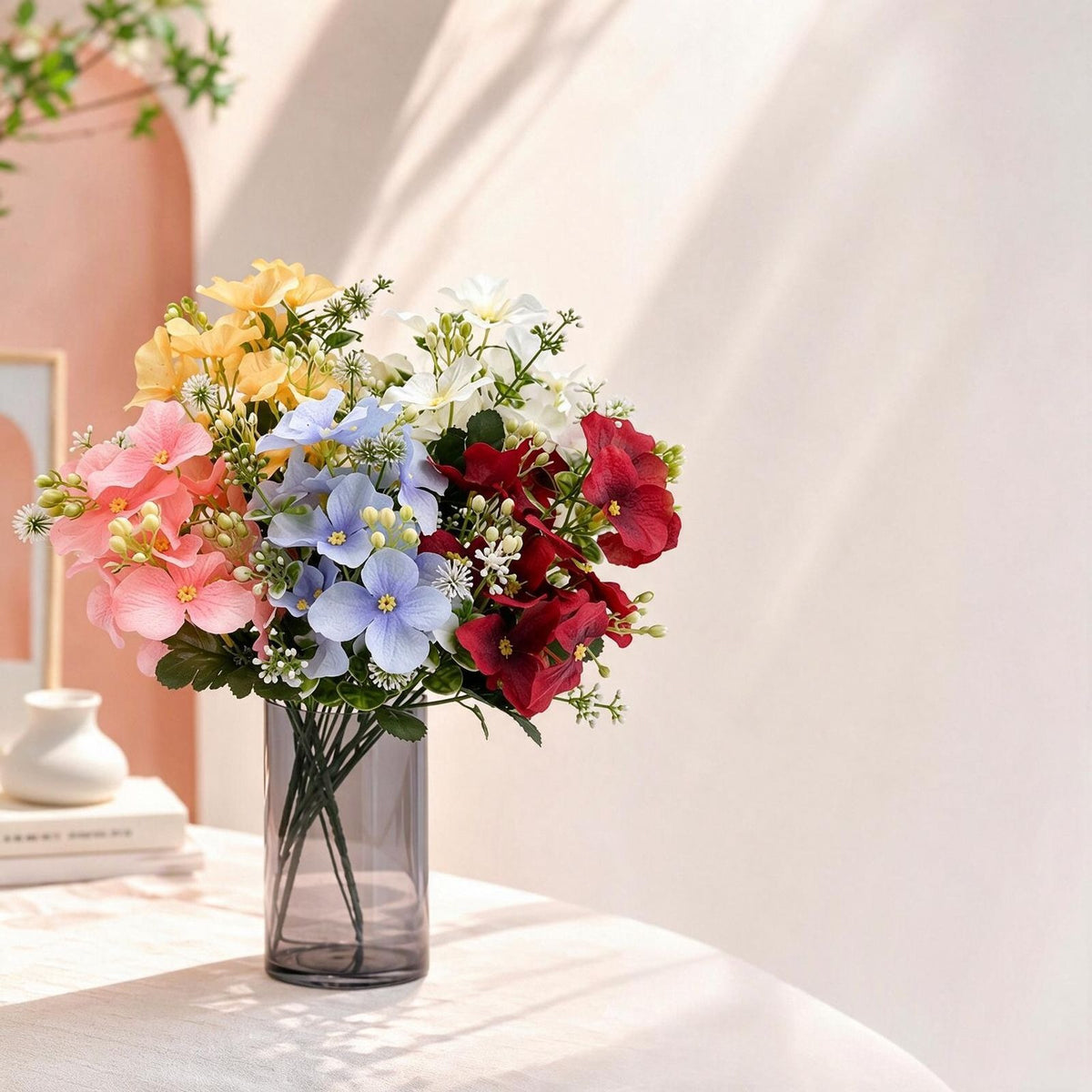 Künstliche Hortensien-Busch, 36 cm, Seidenstoff, Pastelltöne, für Zuhause, Hochzeiten und Dekoration