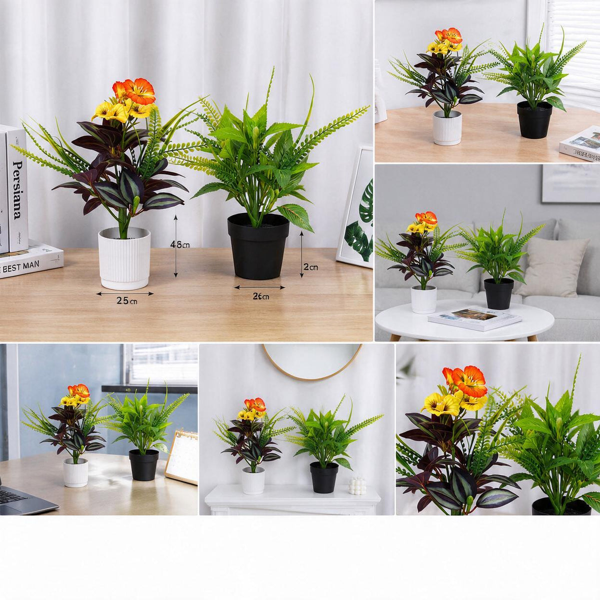 Künstliche Zimmerpflanzen, Set mit Teufelsauge und Balsamine, 29 cm, Kunststoff, für Büro und Zuhause