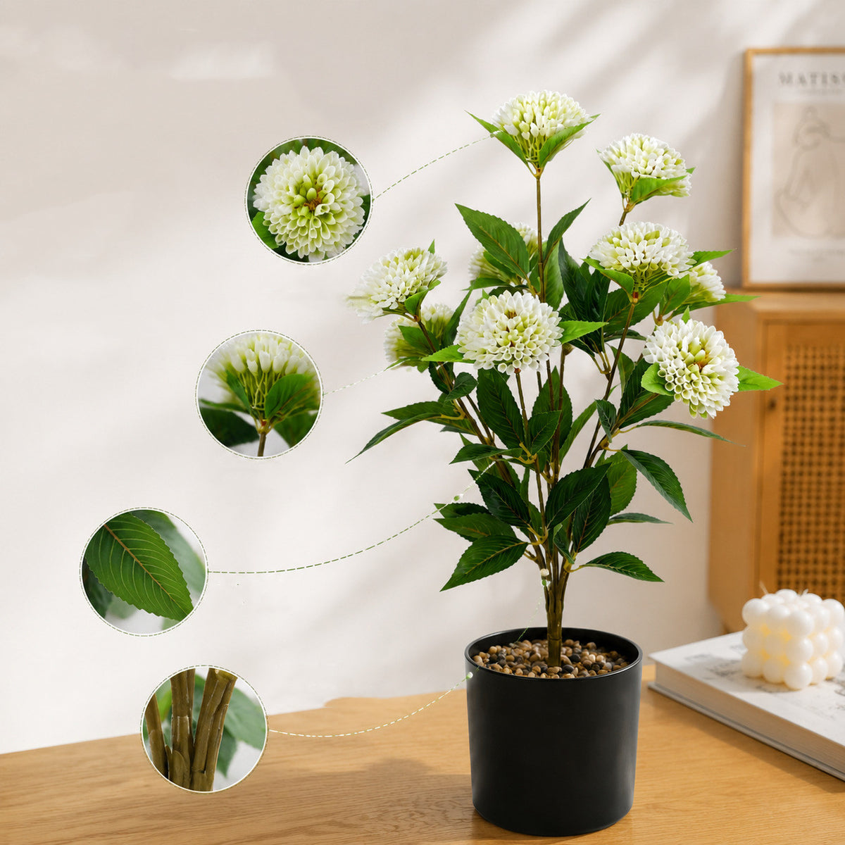 57 cm künstliche Chrysanthemen-Pompoms, 9 Blüten, moderne Deko für Hochzeiten, Büro und Wohnraum