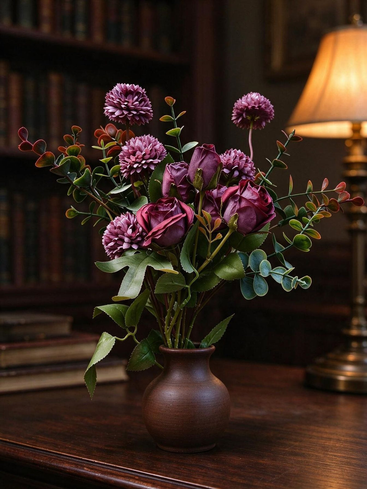 Künstlicher Blumenstrauß mit Rosen, Eukalyptus und Chrysanthemen, 42 cm, 10 Blüten, für Hochzeiten und Innendekoration