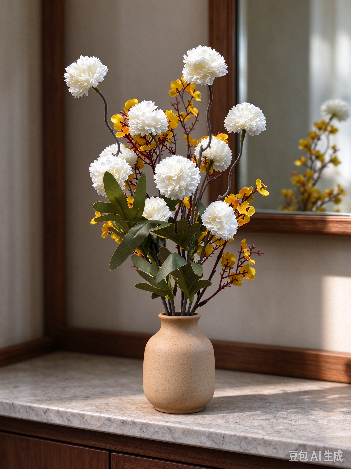 Künstliche Chrysanthemen & Schleierkraut Bouquet, 42 cm hoch, Seidenstoff-Blumen für Wohnaccessoires & Hochzeiten