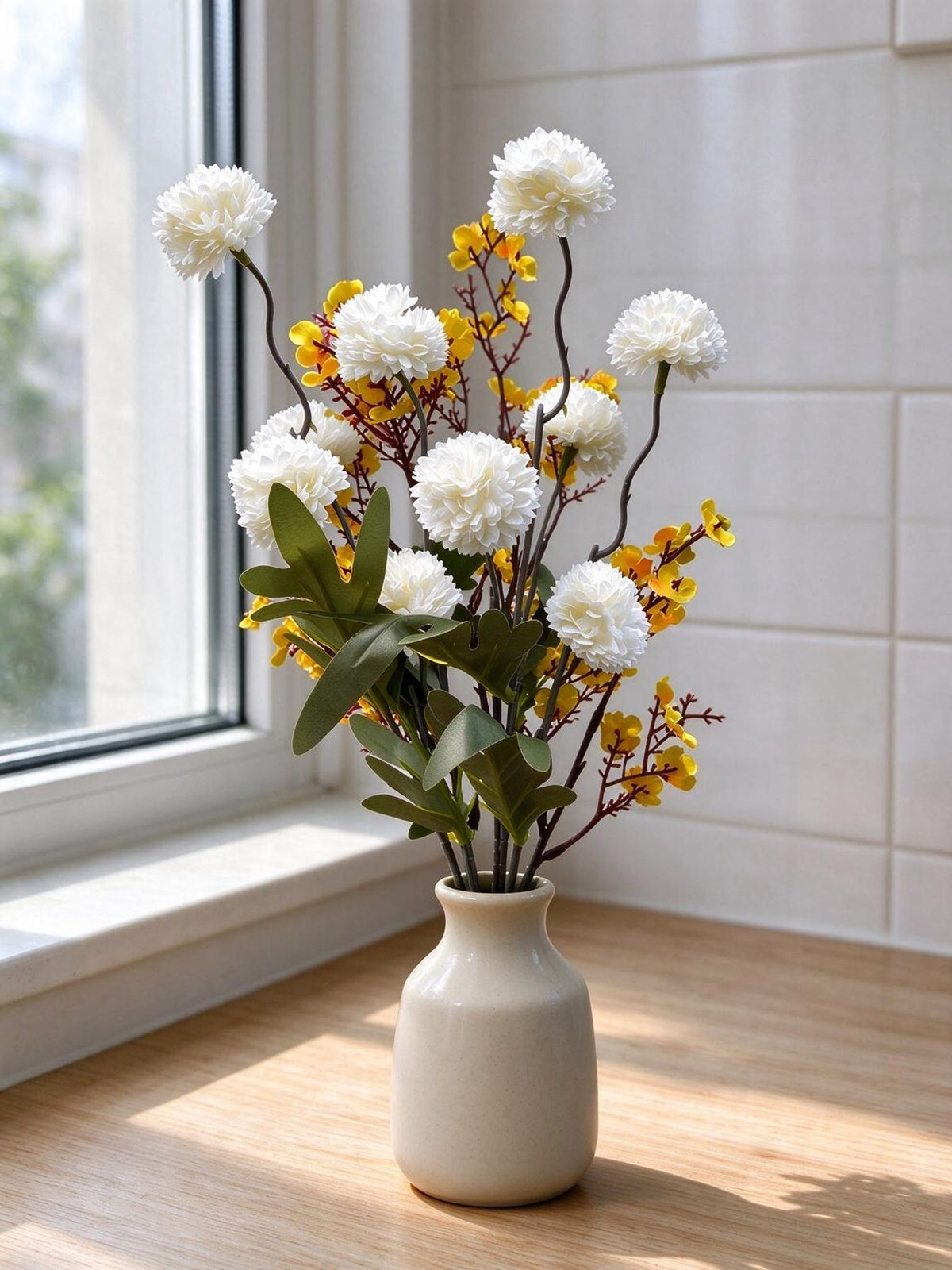 Künstliche Chrysanthemen & Schleierkraut Bouquet, 42 cm hoch, Seidenstoff-Blumen für Wohnaccessoires & Hochzeiten