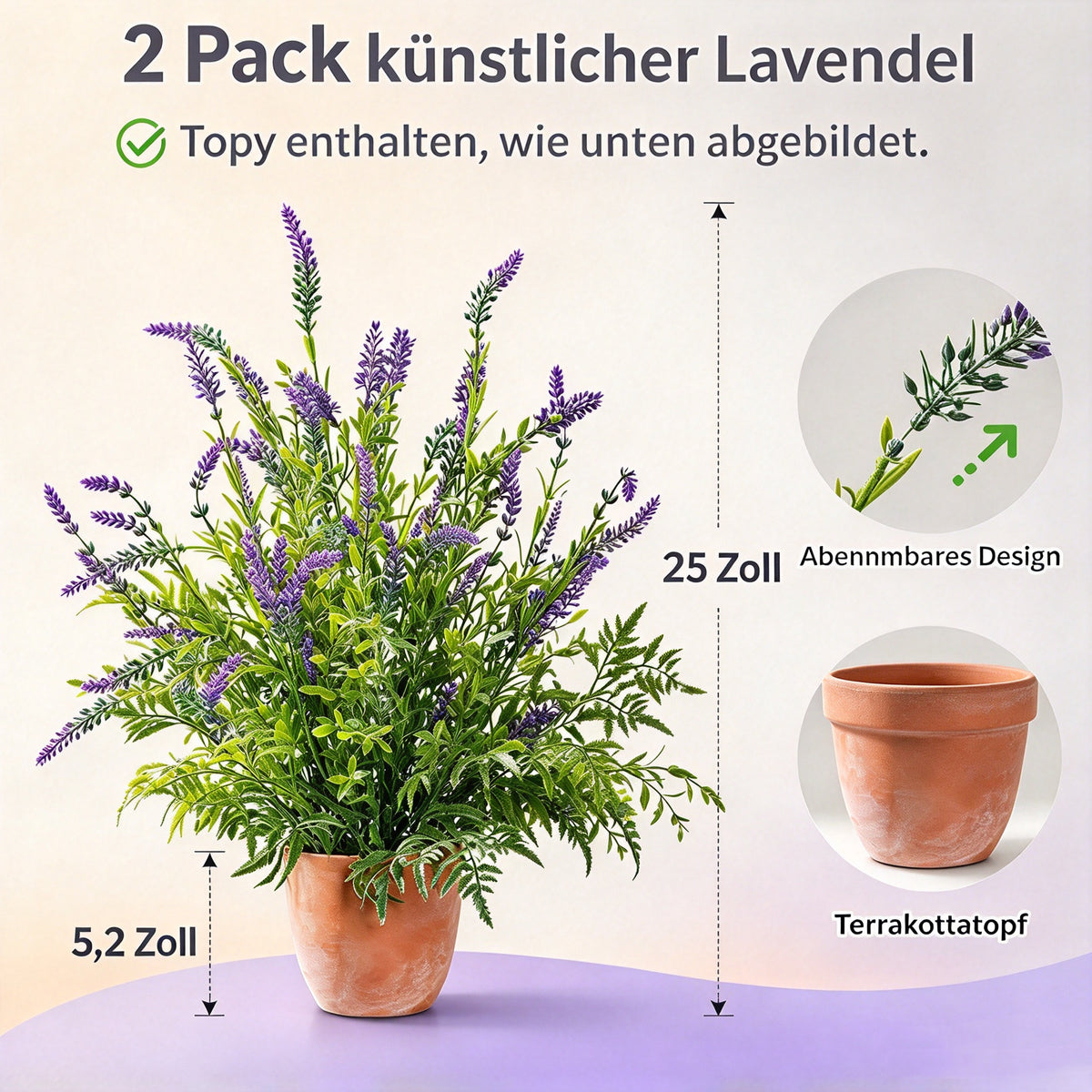 2 Pack künstliche Lavendel im Terrakottatopf, künstliche Topfpflanzen für Haus, Veranda, Terrasse, Garten, Bauernhaus und Büro