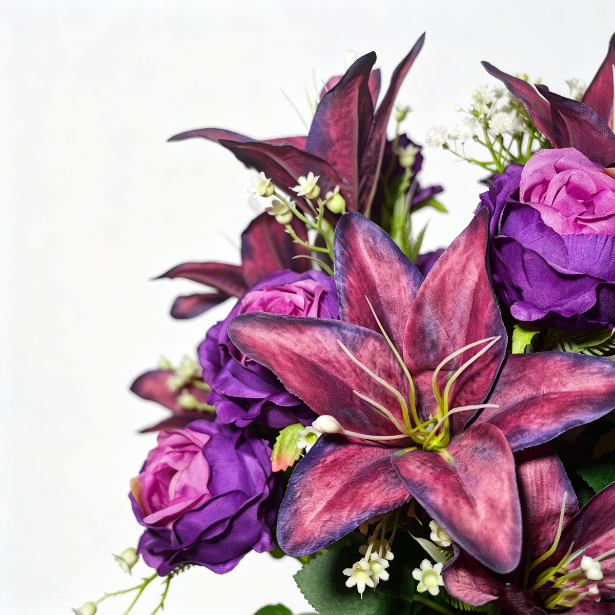 Künstlicher Lilienstrauß mit 24 Blüten, 60 cm hoch, inklusive Blumentopf, für Friedhofsdekoration und Feiertage