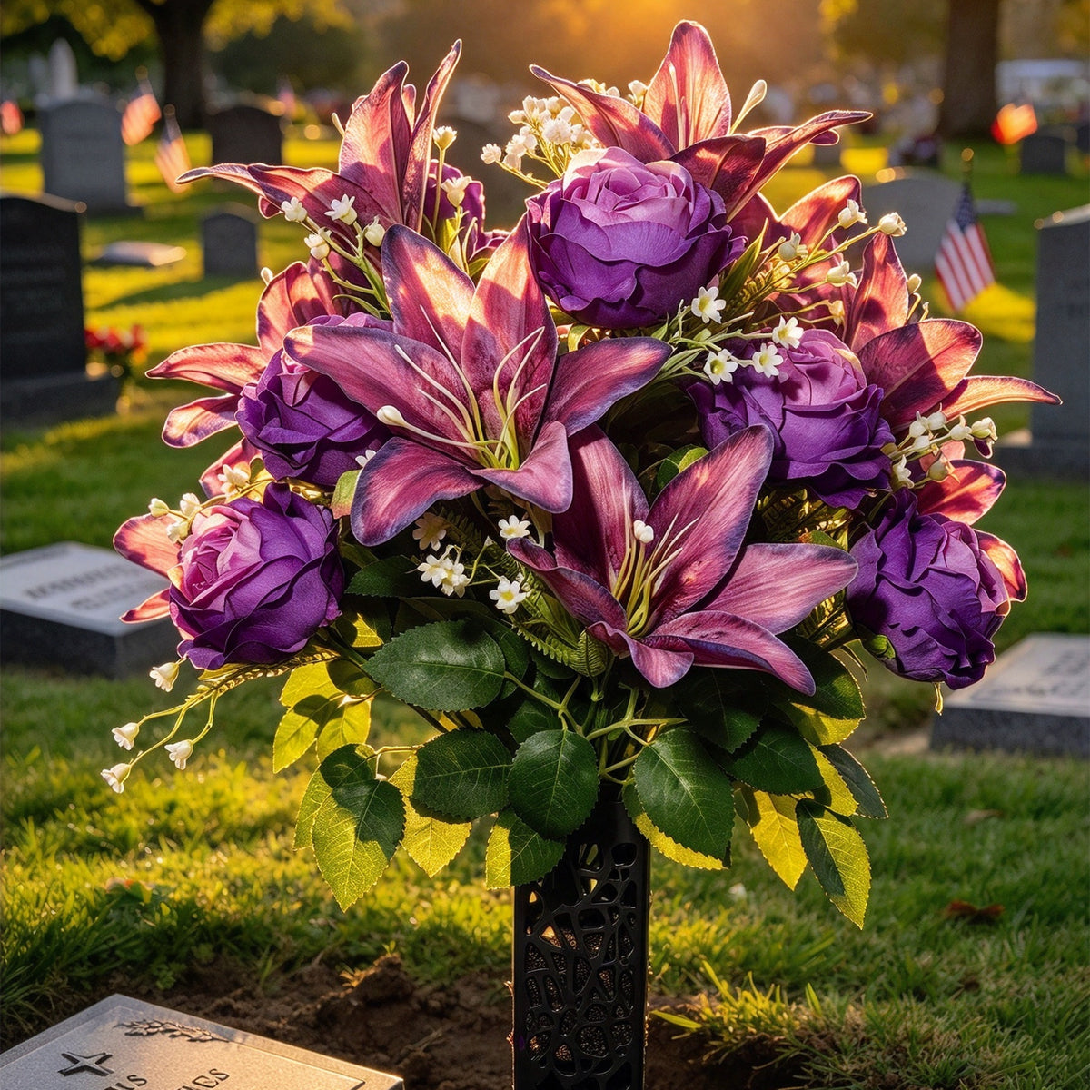 Künstlicher Lilienstrauß mit 24 Blüten, 60 cm hoch, inklusive Blumentopf, für Friedhofsdekoration und Feiertage
