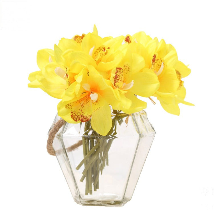 Künstliche Cymbidium-Orchidee, Bouquet mit 6 Blütenköpfen, Latex mit Echtheits-Haptik, für Hochzeit, Hotel und Wohnraum