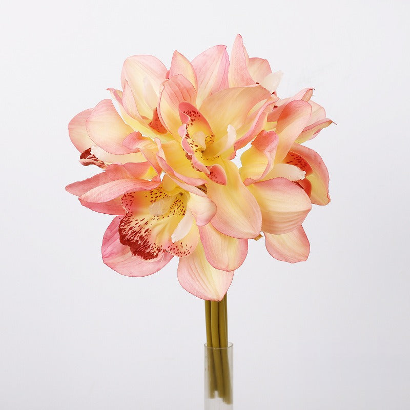 Künstliche Cymbidium-Orchidee, Bouquet mit 6 Blütenköpfen, Latex mit Echtheits-Haptik, für Hochzeit, Hotel und Wohnraum