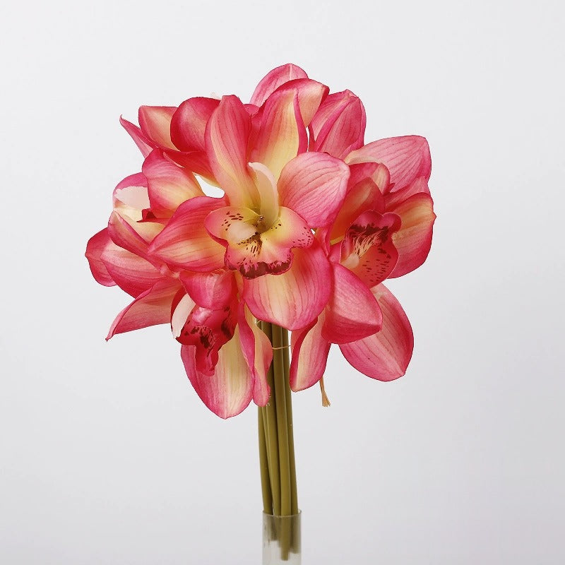 Künstliche Cymbidium-Orchidee, Bouquet mit 6 Blütenköpfen, Latex mit Echtheits-Haptik, für Hochzeit, Hotel und Wohnraum
