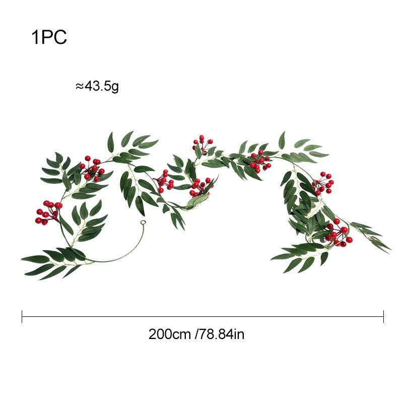 Künstliche Weidenblatt-Ranke mit roten Beeren, 2er-Set Girlande aus Kunstseide, Weihnachtsdeko für Tür, Haus und Schaufenster