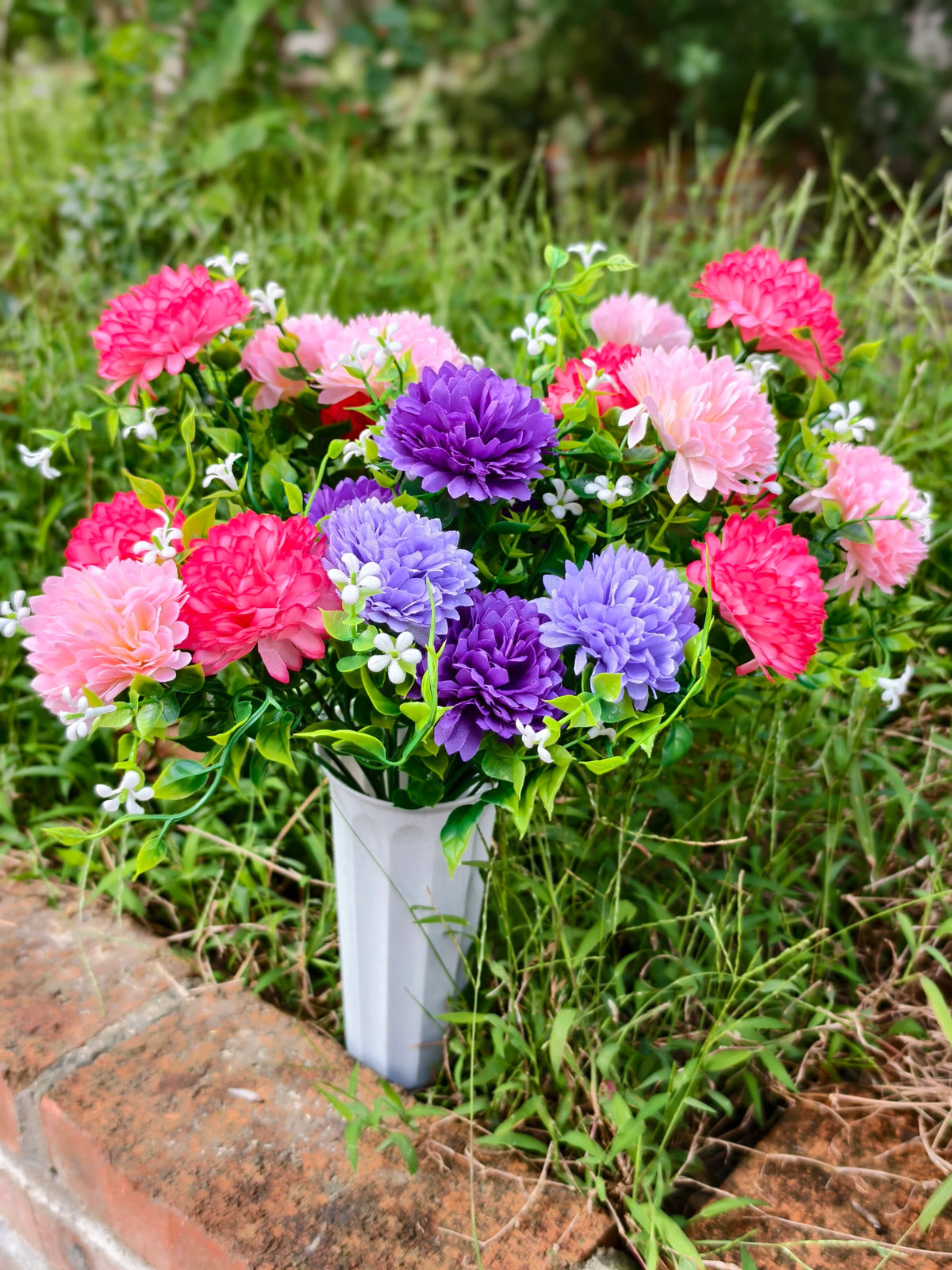 Künstliche Schleierkraut-Pusteblume als Blütenbusch, 21 Blütenköpfe, Kunstseide, mit Topf, Grabschmuck, Dekoration