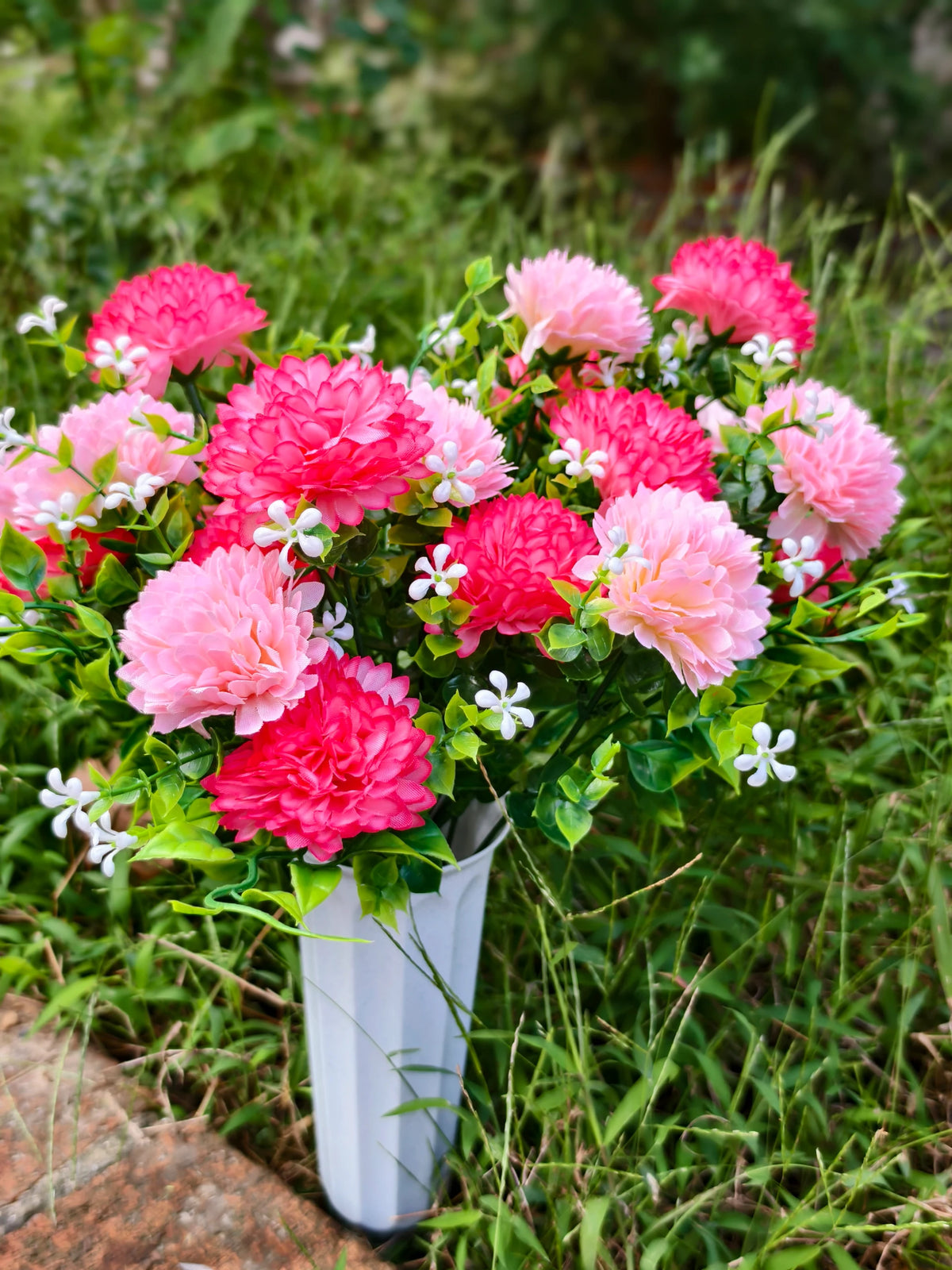 Künstliche Schleierkraut-Pusteblume als Blütenbusch, 21 Blütenköpfe, Kunstseide, mit Topf, Grabschmuck, Dekoration