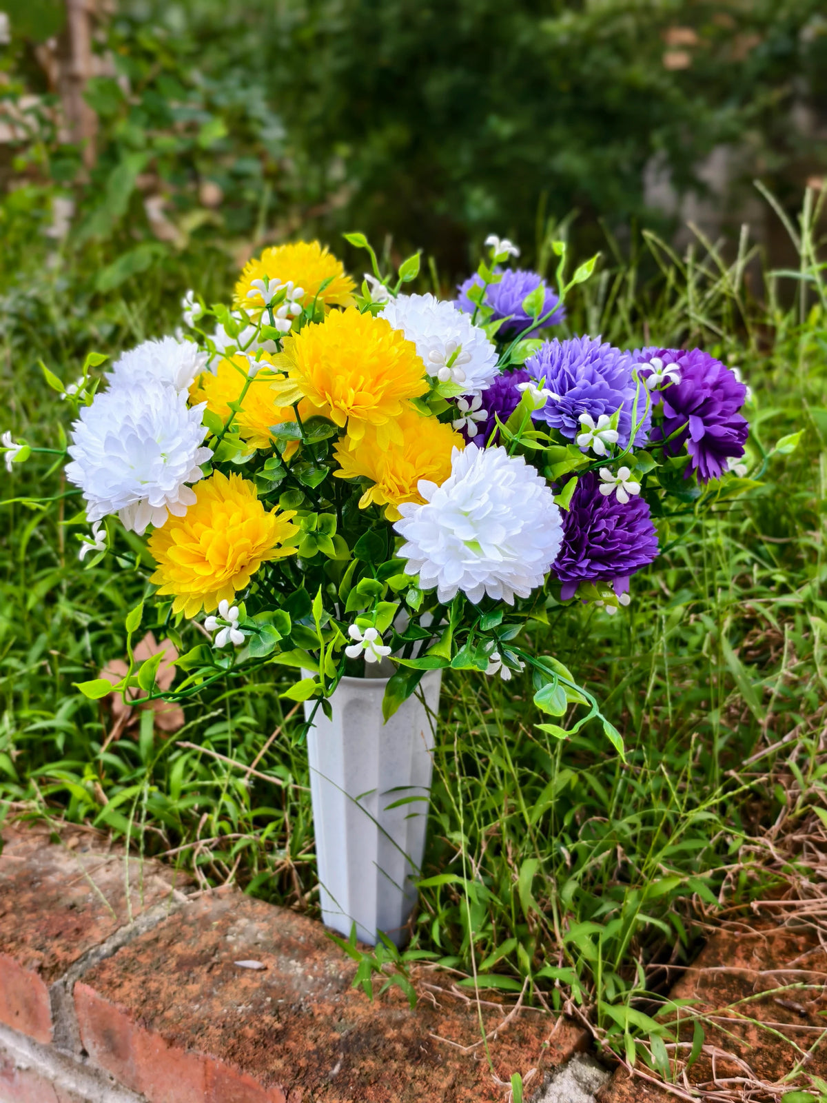 Künstliche Schleierkraut-Pusteblume als Blütenbusch, 21 Blütenköpfe, Kunstseide, mit Topf, Grabschmuck, Dekoration