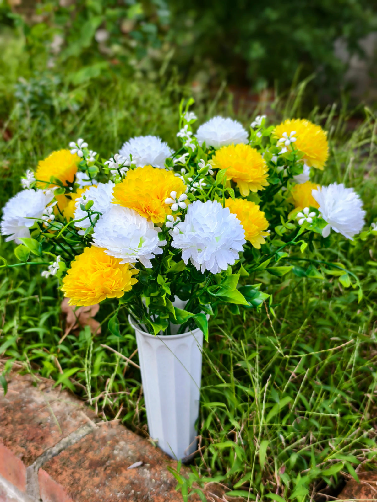Künstliche Schleierkraut-Pusteblume als Blütenbusch, 21 Blütenköpfe, Kunstseide, mit Topf, Grabschmuck, Dekoration
