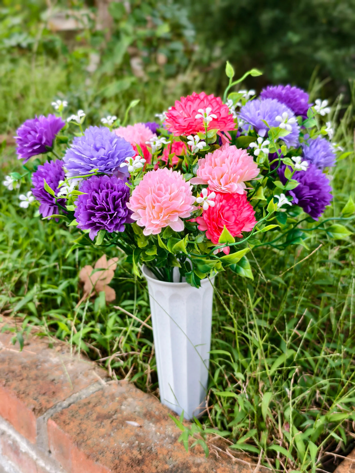 Künstliche Schleierkraut-Pusteblume als Blütenbusch, 21 Blütenköpfe, Kunstseide, mit Topf, Grabschmuck, Dekoration