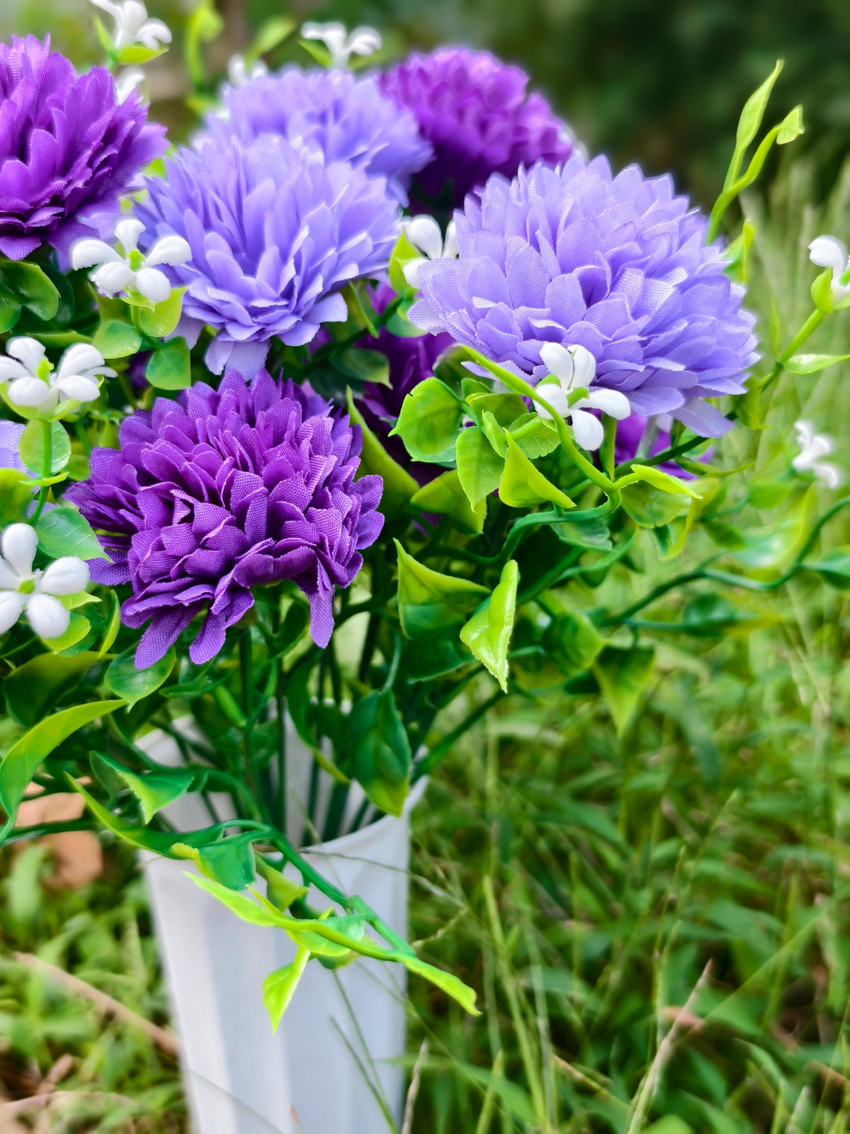 Schleierkraut-Pusteblume Grabblumen, 4er-Pack Kunstblumen-Büschel mit je 21 Blütenköpfen, Kunstseide, für Grabschmuck und Trauerfloristik