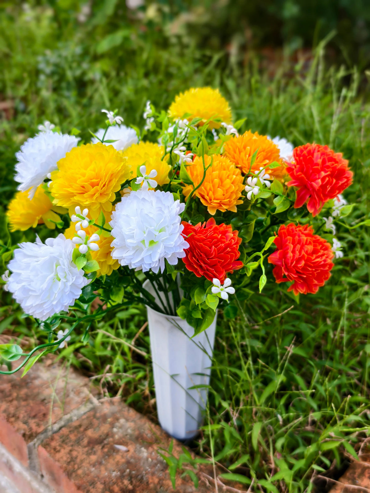 Künstliche Schleierkraut-Pusteblume als Blütenbusch, 21 Blütenköpfe, Kunstseide, mit Topf, Grabschmuck, Dekoration