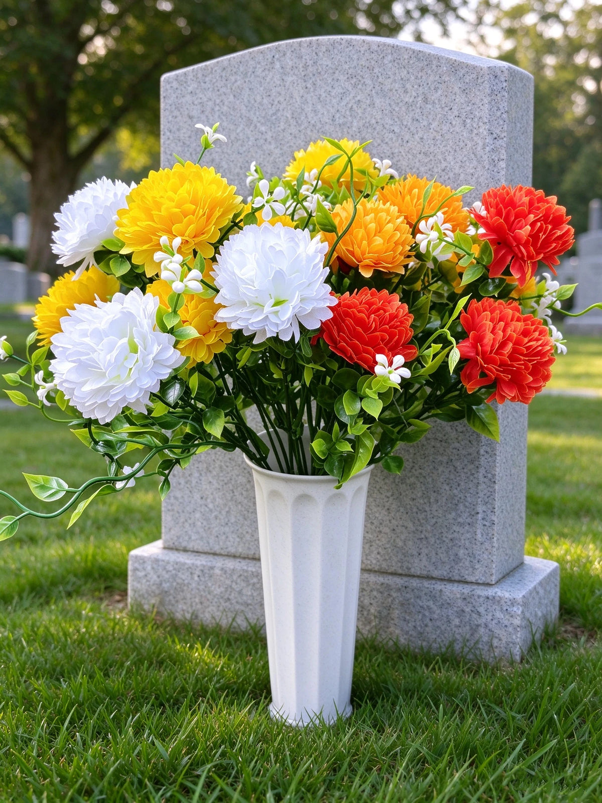Künstliche Schleierkraut-Pusteblume als Blütenbusch, 21 Blütenköpfe, Kunstseide, mit Topf, Grabschmuck, Dekoration