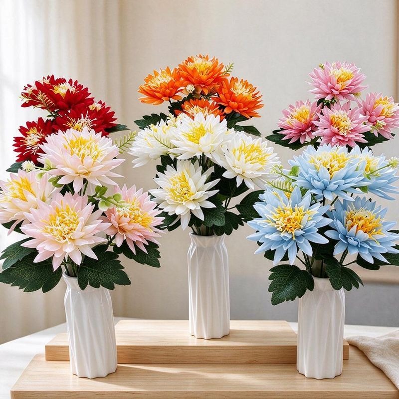 Chrysanthemen-Kunstblume Busch mit 5 Blütenköpfen, Kunstseide-Stoff, Glücks-Chrysantheme, für Wohnen, Hochzeit und Schaufenster