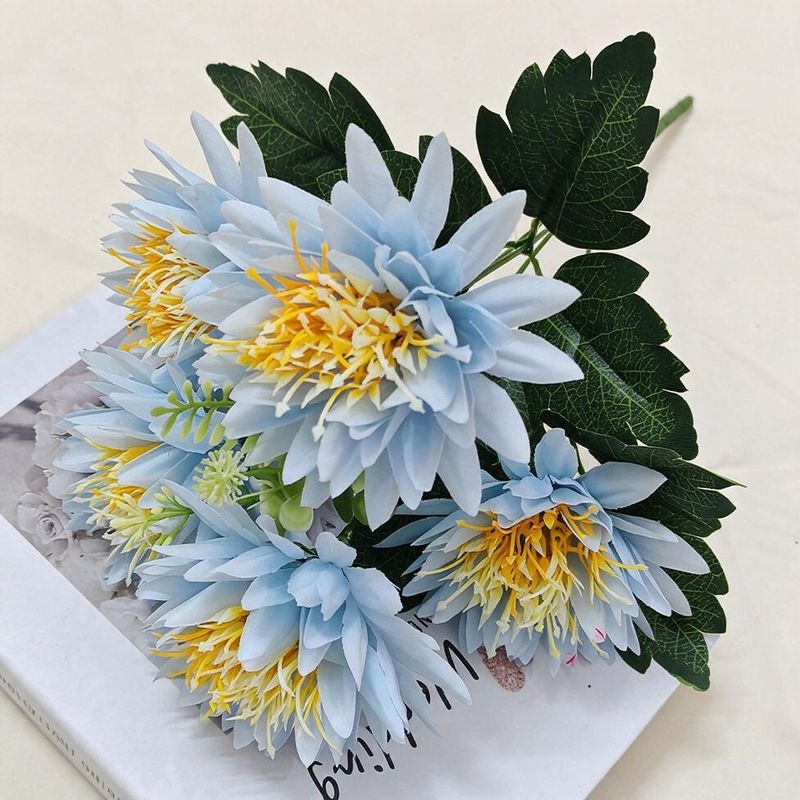 Chrysanthemen-Kunstblume Busch mit 5 Blütenköpfen, Kunstseide-Stoff, Glücks-Chrysantheme, für Wohnen, Hochzeit und Schaufenster