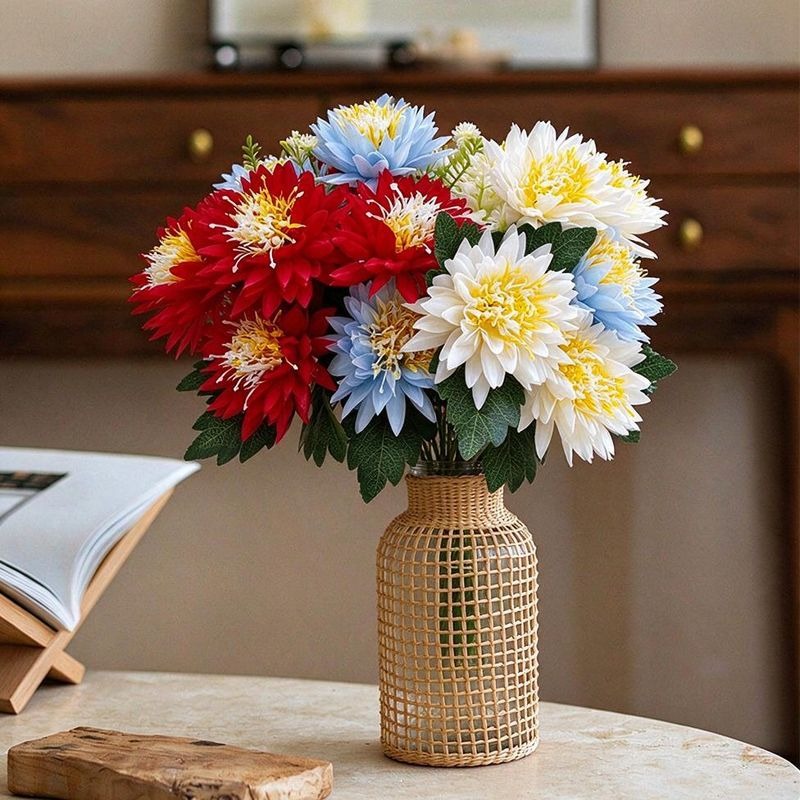 Chrysanthemen-Kunstblume Busch mit 5 Blütenköpfen, Kunstseide-Stoff, Glücks-Chrysantheme, für Wohnen, Hochzeit und Schaufenster