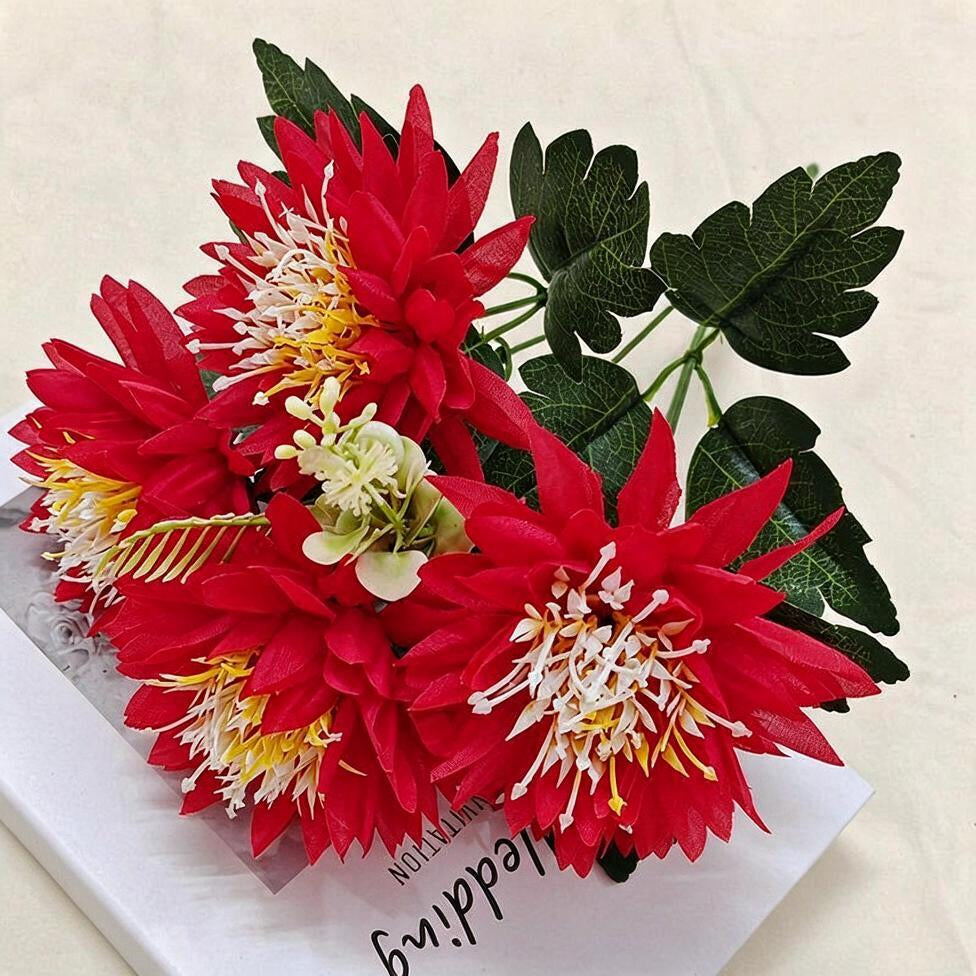 Chrysanthemen-Kunstblume Busch mit 5 Blütenköpfen, Kunstseide-Stoff, Glücks-Chrysantheme, für Wohnen, Hochzeit und Schaufenster