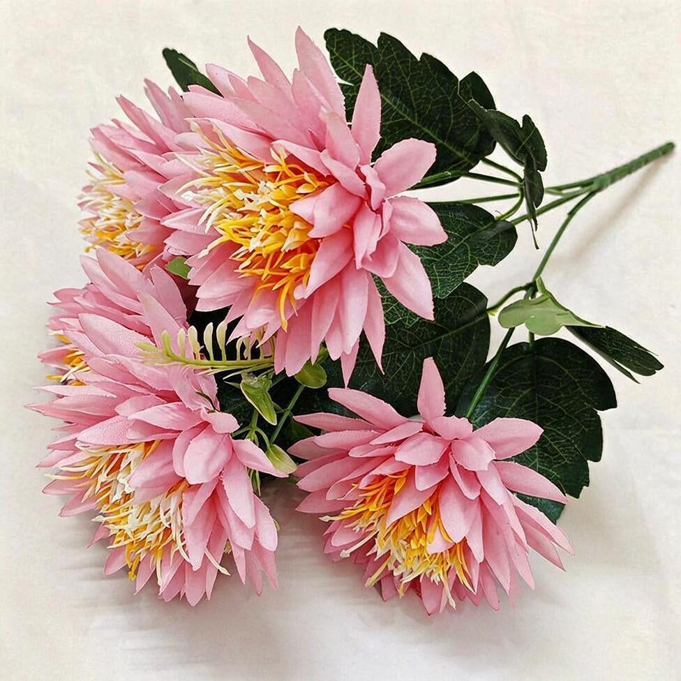 Chrysanthemen-Kunstblume Busch mit 5 Blütenköpfen, Kunstseide-Stoff, Glücks-Chrysantheme, für Wohnen, Hochzeit und Schaufenster