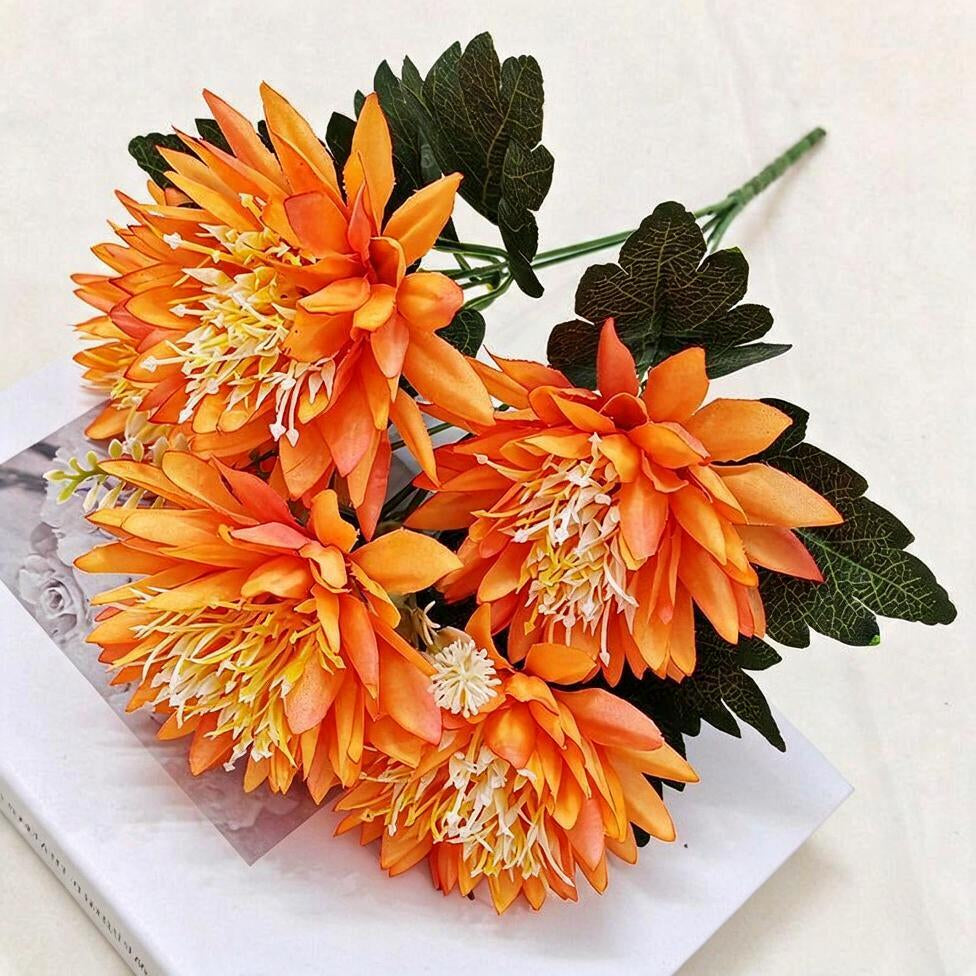 Chrysanthemen-Kunstblume Busch mit 5 Blütenköpfen, Kunstseide-Stoff, Glücks-Chrysantheme, für Wohnen, Hochzeit und Schaufenster