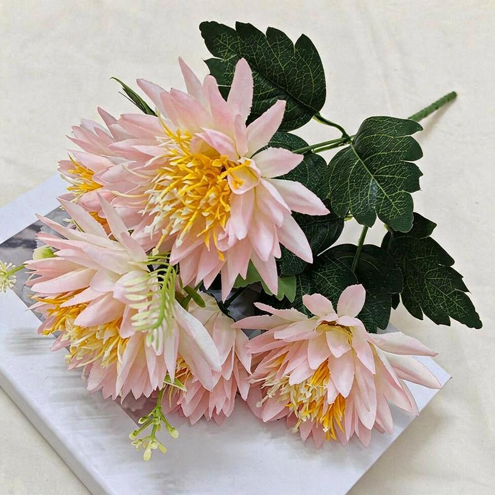Chrysanthemen-Kunstblume Busch mit 5 Blütenköpfen, Kunstseide-Stoff, Glücks-Chrysantheme, für Wohnen, Hochzeit und Schaufenster