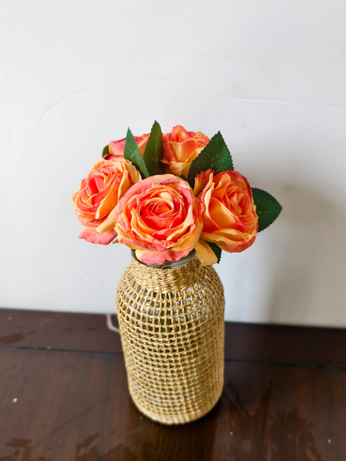 Künstliche Rosen Vintage mit gebräunten Rändern, 1 Bouquet mit 5 Blüten, Kunstseide, für Hochzeit, Hotel und Schaufenster