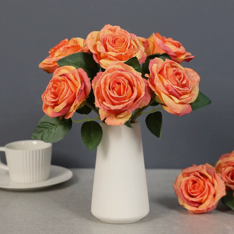 Künstliche Rosen Vintage mit gebräunten Rändern, 1 Bouquet mit 5 Blüten, Kunstseide, für Hochzeit, Hotel und Schaufenster