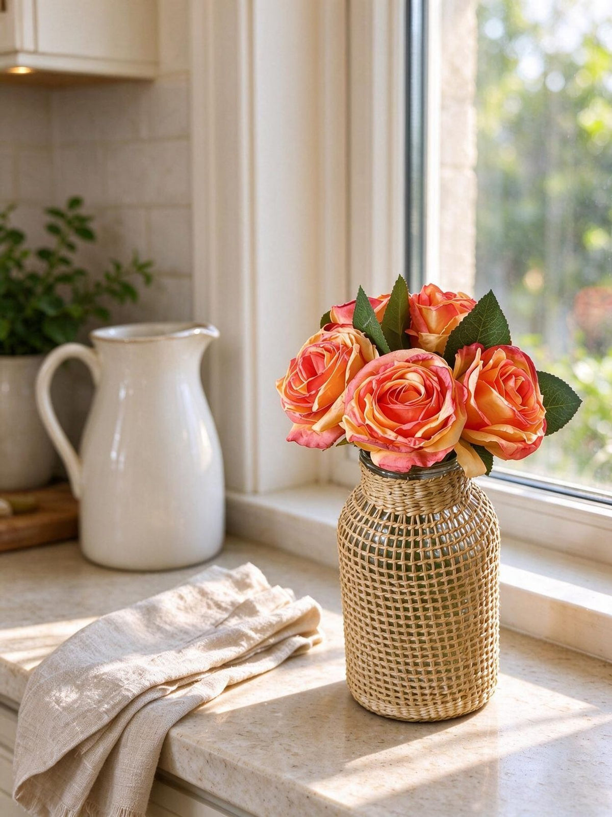 Künstliche Rosen Vintage mit gebräunten Rändern, 1 Bouquet mit 5 Blüten, Kunstseide, für Hochzeit, Hotel und Schaufenster