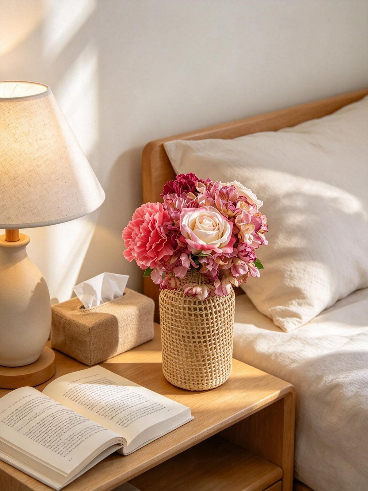 Künstlicher Blumenstrauß mit Rosen, Nelken und Hortensie, 5 Blüten, Kunstseide-Stoff, Vintage, Hochzeit, Hotel, Schaufenster