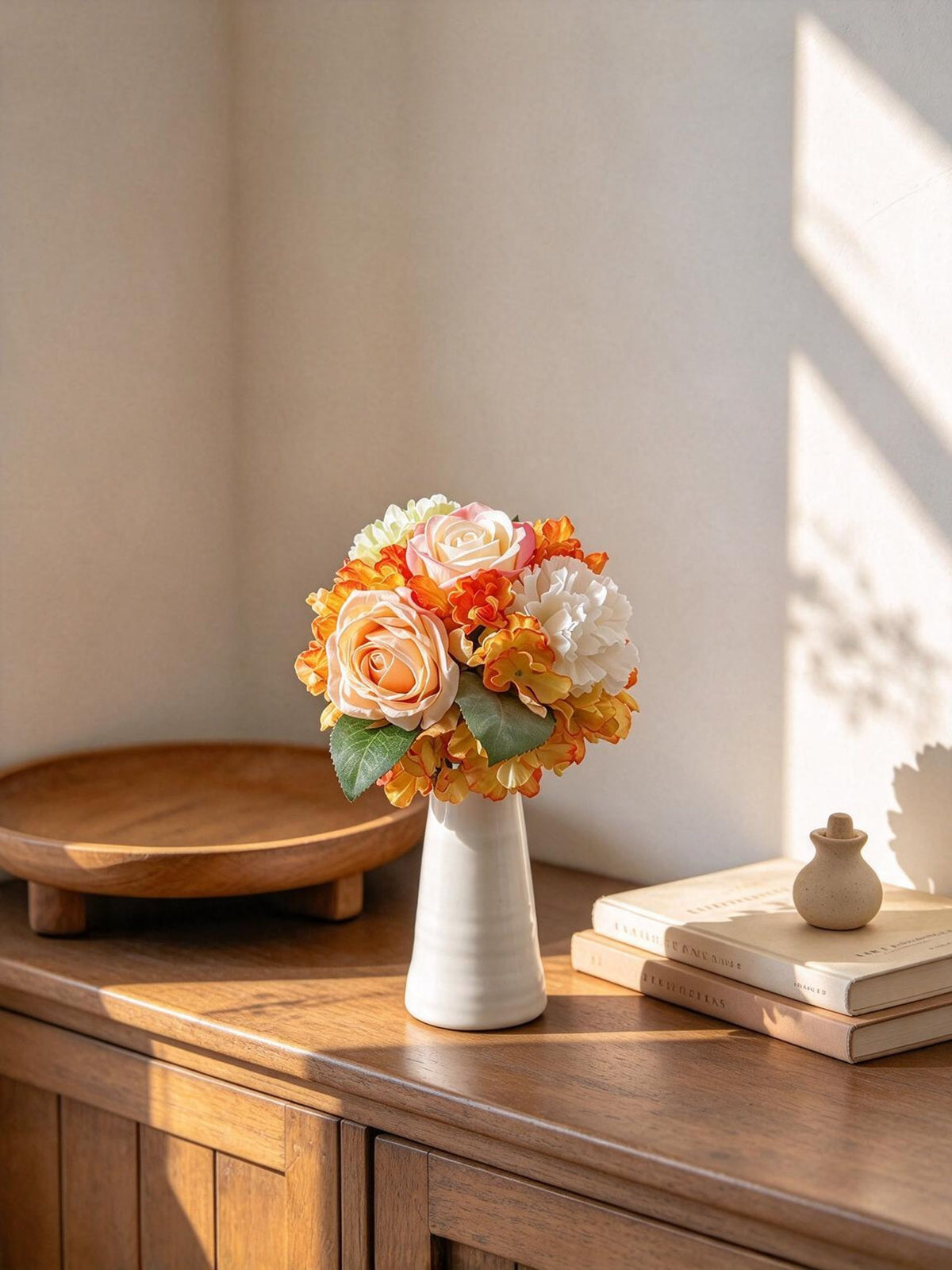 Künstlicher Blumenstrauß mit Rosen, Nelken und Hortensie, 5 Blüten, Kunstseide-Stoff, Vintage, Hochzeit, Hotel, Schaufenster