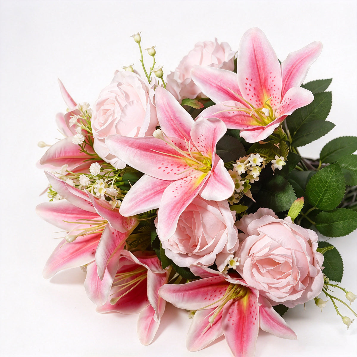 Grabschmuck Kunstblumen Lilien, Rosen & Schleierkraut, Blumenstrauß mit 24 Blütenköpfen, Rosa-Verlauf, Grabgesteck mit Steckeimer, für Friedhof
