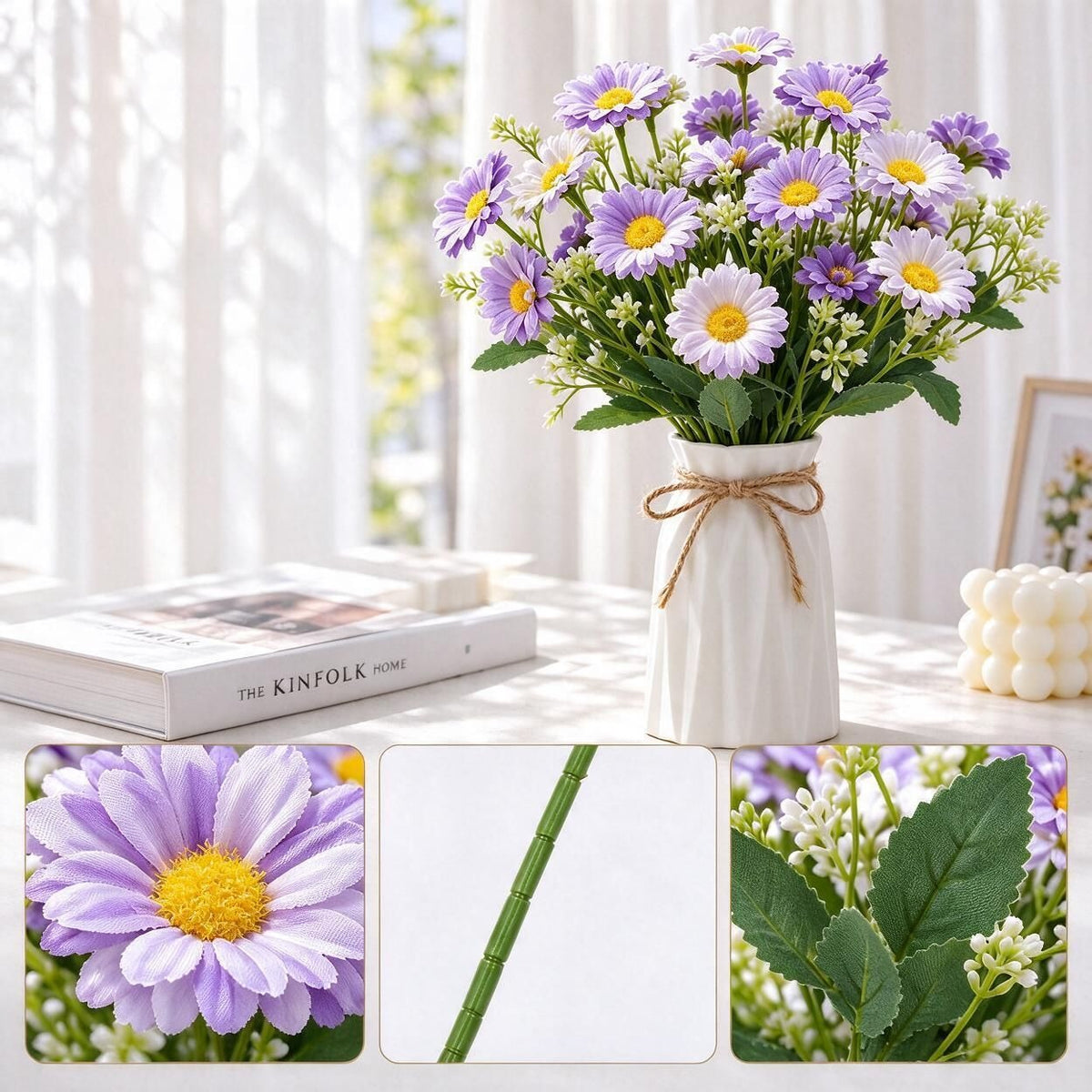 Künstliche Gänseblümchen-Pflanze, Kunstblumen-Busch mit mehreren Blütenköpfen, 35 cm, Mischmaterial, für Hochzeit und Gastronomie