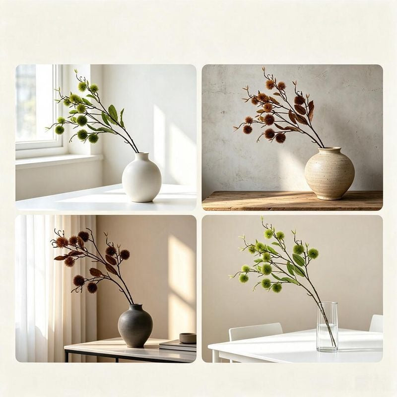 Kunstzweig Kastanie mit Stachelfrüchten, Busch mit 7 Früchten, Kunststoff, Vintage-Stil, für Vase, Hochzeit und Schaufenster