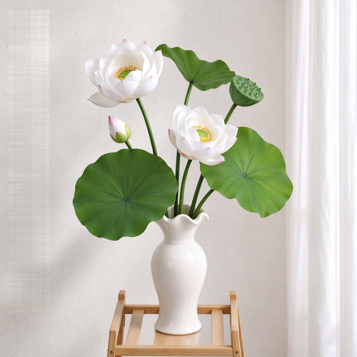Künstliche Lotusblume mit Blättern und Samenkapsel, Bund mit 3 Blüten, PU, für Hochzeit, Hotel und Schaufenster