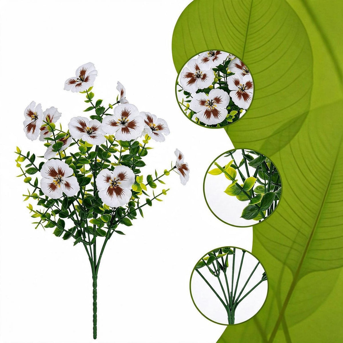 Künstliche Stiefmütterchen-Eukalyptus-Büschel, 4er-Set, 14 Blüten pro Büschel, Kunstseide, 36 cm, für Hochzeit, Haus und Garten