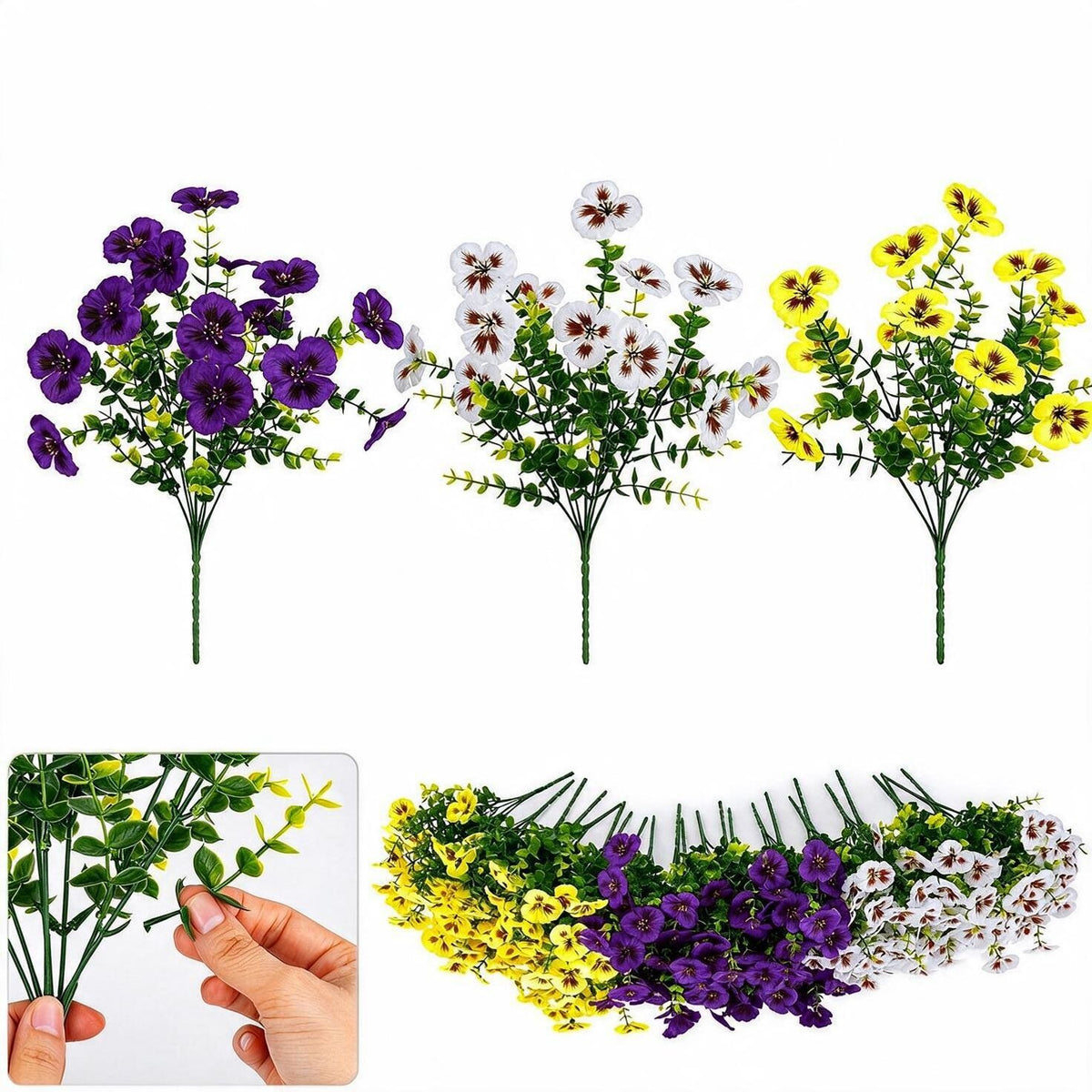 Künstliche Stiefmütterchen-Eukalyptus-Büschel, 4er-Set, 14 Blüten pro Büschel, Kunstseide, 36 cm, für Hochzeit, Haus und Garten