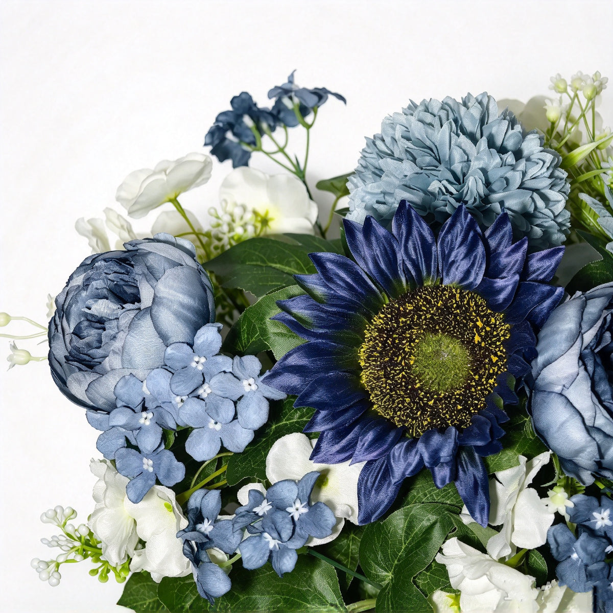 Kunstblumen-Bouquet Pfingstrose, Hortensie & Chrysantheme, 24 Blütenköpfe, Stoffblumen mit Metallvase, Staubblau, für Herbst und Winter