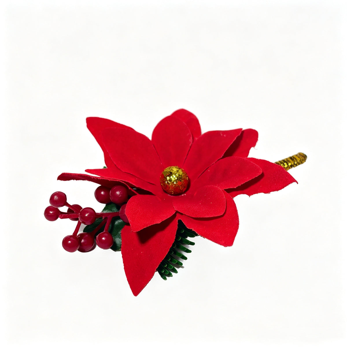 Weihnachtsstern-Anstecker oder Stechpalmen-Anstecker mit Tannenzapfen und Goldkugel, künstliche Weihnachts-Boutonnière für Hochzeit und Festtage