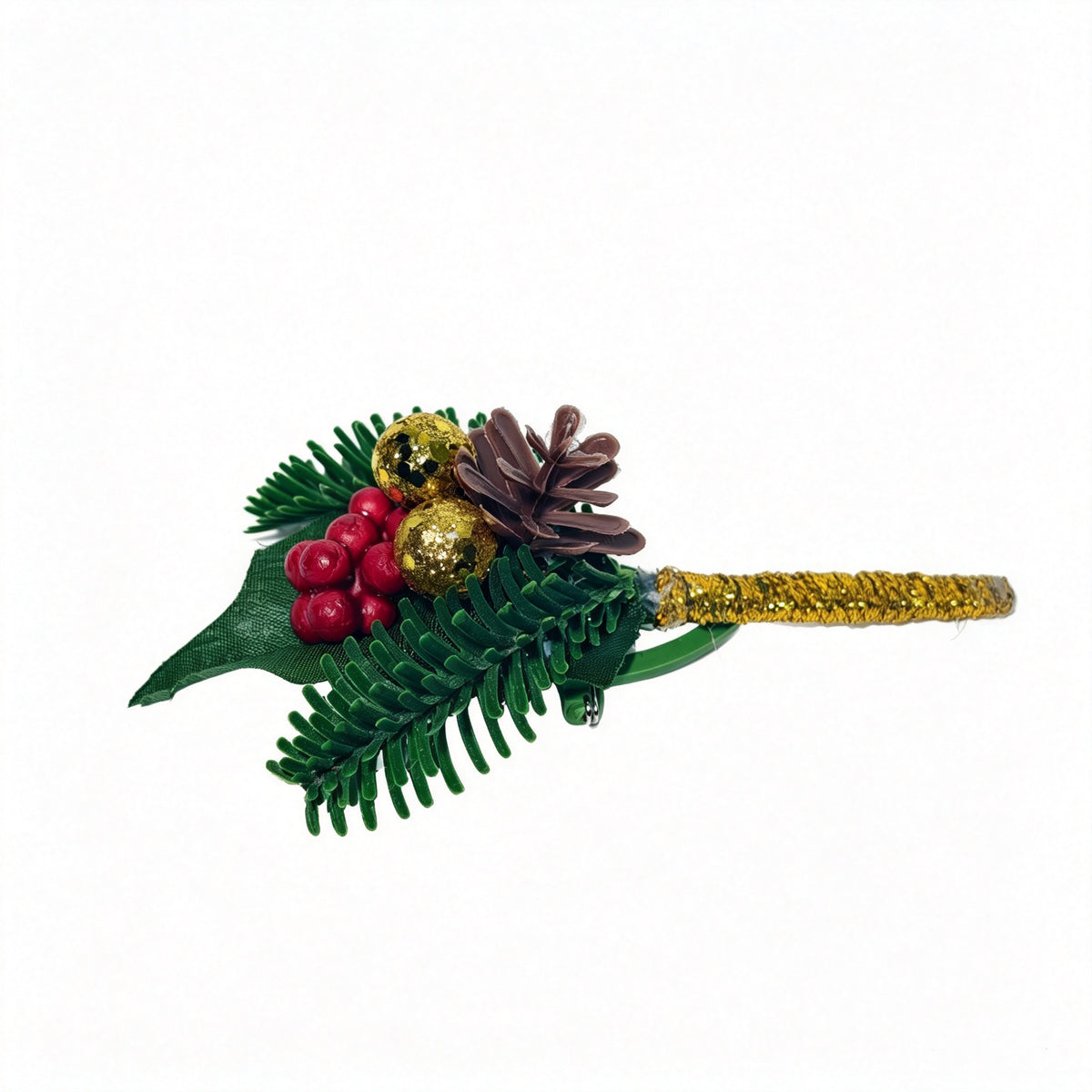 Weihnachtsstern-Anstecker oder Stechpalmen-Anstecker mit Tannenzapfen und Goldkugel, künstliche Weihnachts-Boutonnière für Hochzeit und Festtage