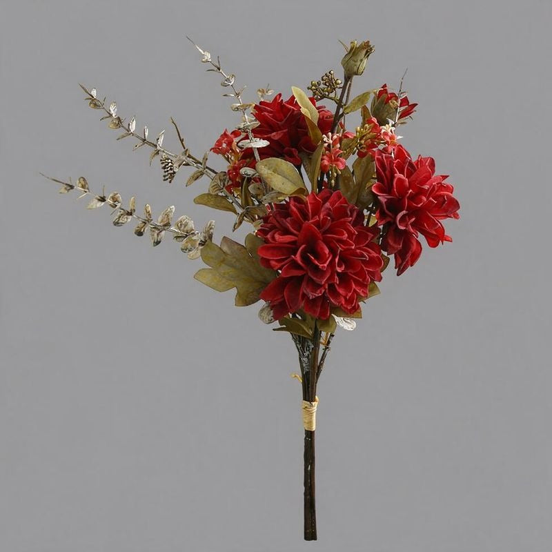 Künstliche Dahlien-Bouquet mit 3 Blütenköpfen, Kunstseide, Herbstfarben mit dunklen Blütenrändern, für Hochzeit und Deko