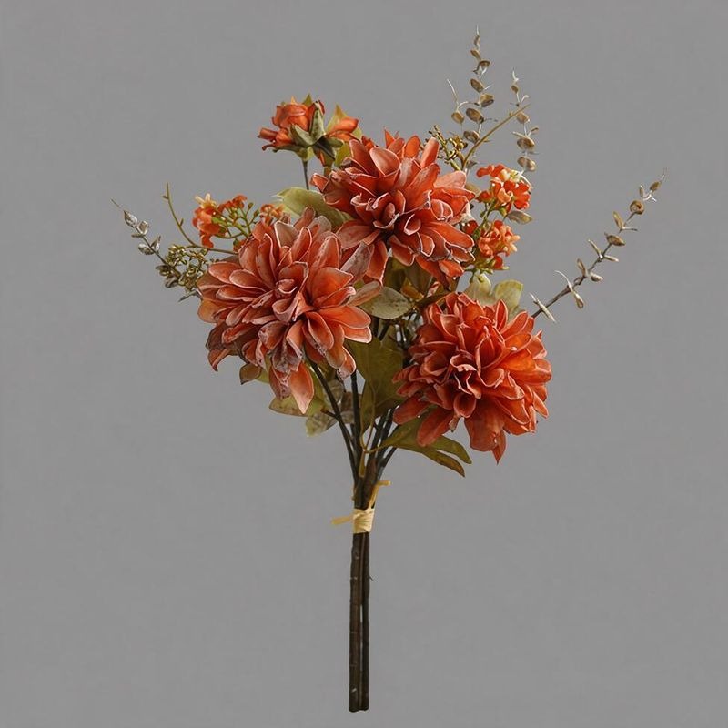 Künstliche Dahlien-Bouquet mit 3 Blütenköpfen, Kunstseide, Herbstfarben mit dunklen Blütenrändern, für Hochzeit und Deko