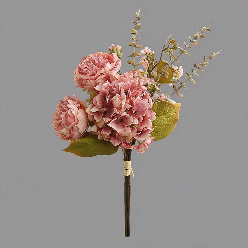 Kunstblumen Pfingstrosen-Hortensien-Bouquet, 3 Blütenköpfe, Kunstseide, Herbstfarben, für Wohnung, Büro und Schaufenster